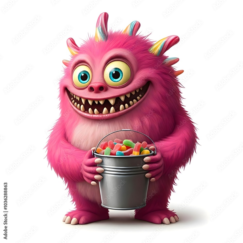Adorable pink monster holding a candy-filled bucket in delight Adorable pink monster holding a candy-filled bucket in delight