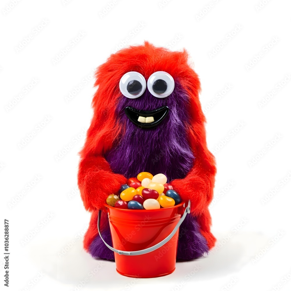 Colorful Fuzzy Monster with Bucket of Jelly Beans Joyful Colorful Fuzzy Monster with Bucket of Jelly Beans Joyful