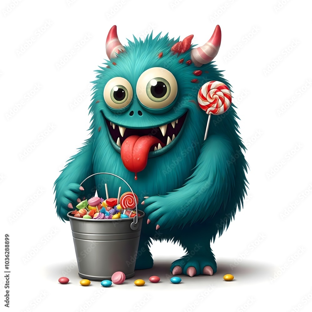 Cute monster indulging in a sweet candy feast with lollipop Cute monster indulging in a sweet candy feast with lollipop