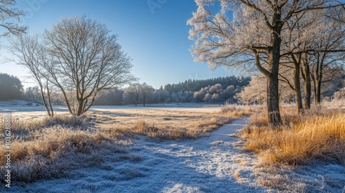 Wallpaper Mural A tranquil winter scene features frost-covered trees lining a grassy path. Torontodigital.ca