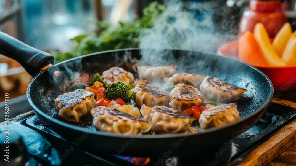 Delicious Dumplings Cooking in a Pan Delicious Dumplings Cooking in a Pan