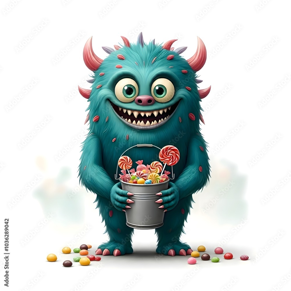 Playful Monster Delightfully Holding a Bucket of Sweet Treats Playful Monster Delightfully Holding a Bucket of Sweet Treats