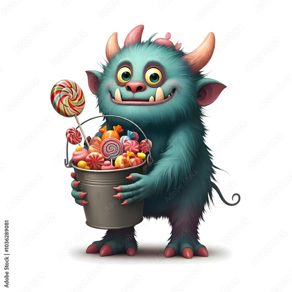 Fuzzy Blue Monster Holding Candy Bucket Full of Sweets and Lollipops Fuzzy Blue Monster Holding Candy Bucket Full of Sweets and Lollipops