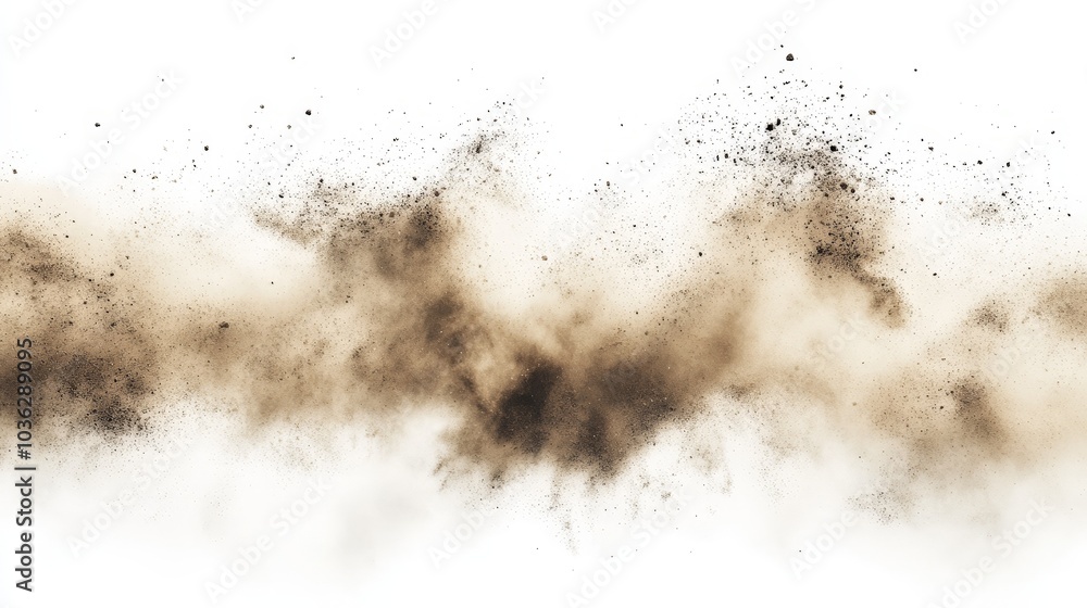 An intense cloud of sand dust particles flying in a chaotic pattern, the sandstorm frozen in motion against a stark white background, emphasizing the fine details of the particles. An intense cloud of sand dust particles flying in a chaotic pattern, the sandstorm frozen in motion against a stark white background, emphasizing the fine details of the particles.