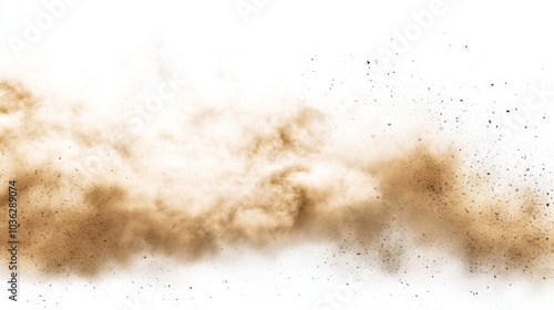 An intense cloud of sand dust particles flying in a chaotic pattern, the sandstorm frozen in motion against a stark white background, emphasizing the fine details of the particles.