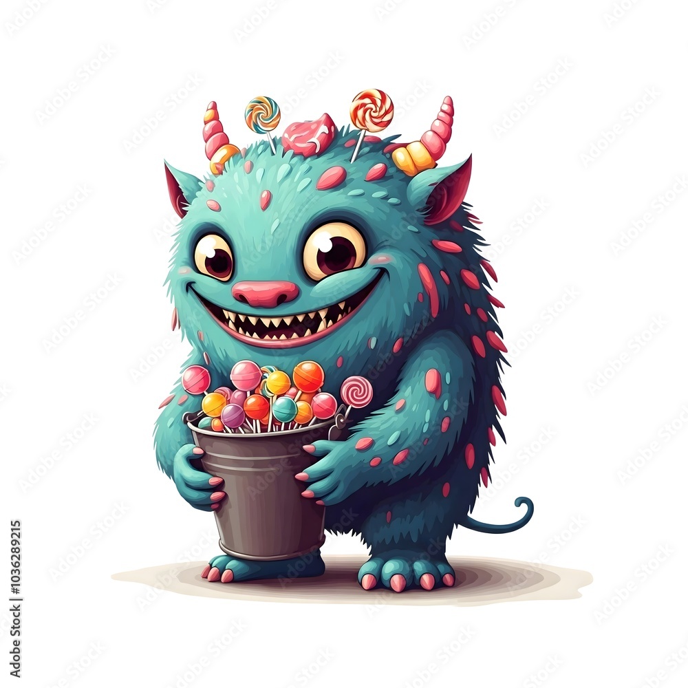 Cheerful Furry Monster Holding a Bucket Full of Colorful Lollipops Cheerful Furry Monster Holding a Bucket Full of Colorful Lollipops