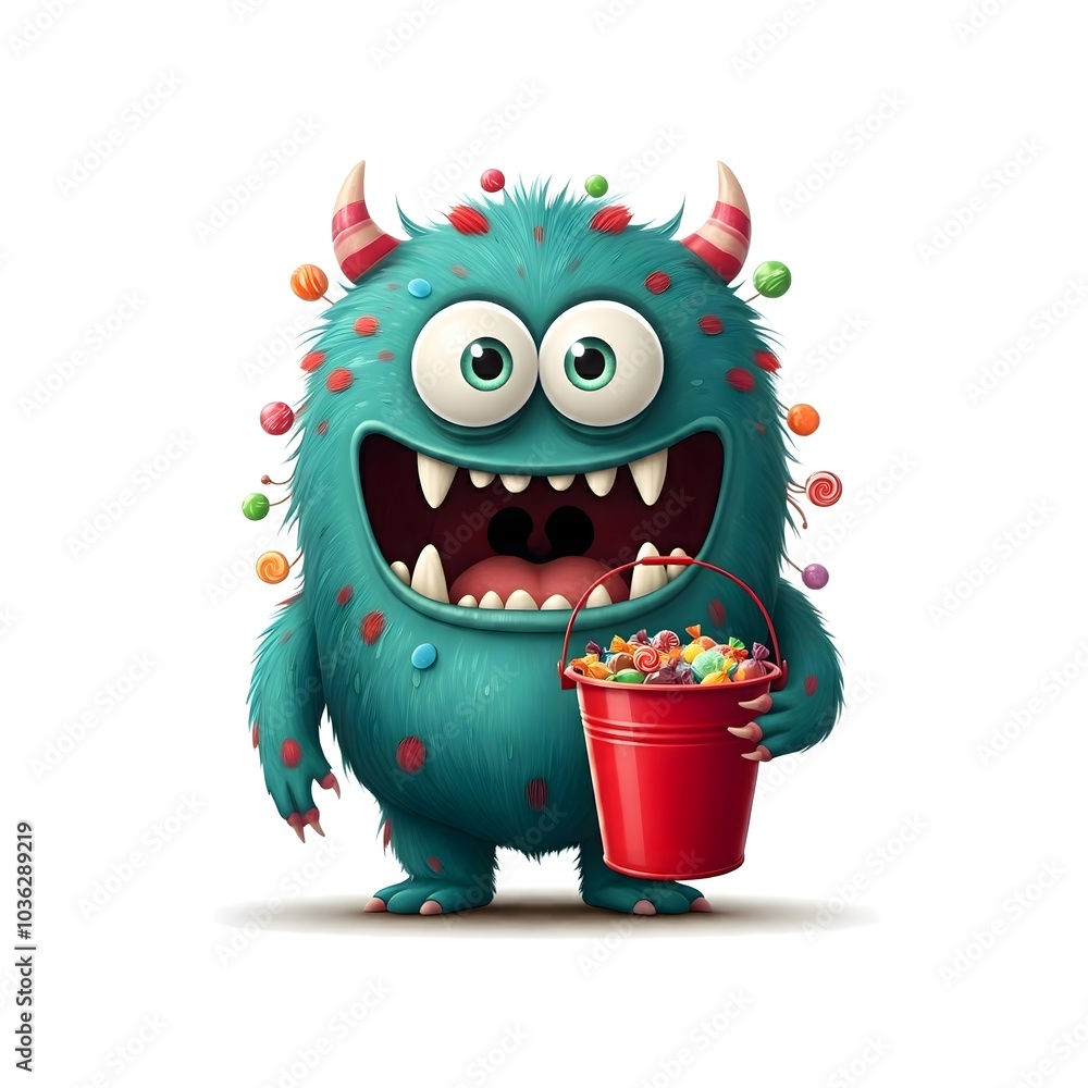 Cheerful candy-loving monster with a bright red bucket of sweets Cheerful candy-loving monster with a bright red bucket of sweets