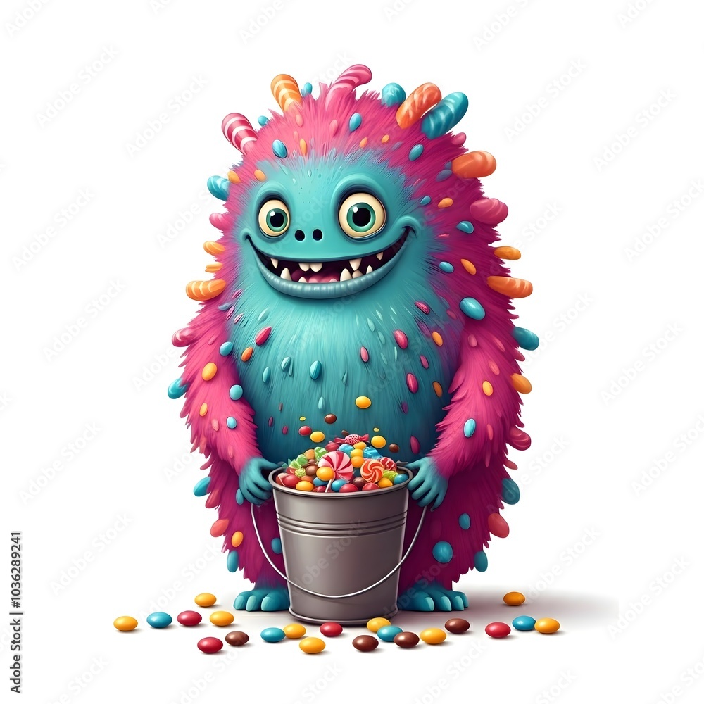 Colorful Monster Surrounded by Candy in a Playful Scene Colorful Monster Surrounded by Candy in a Playful Scene