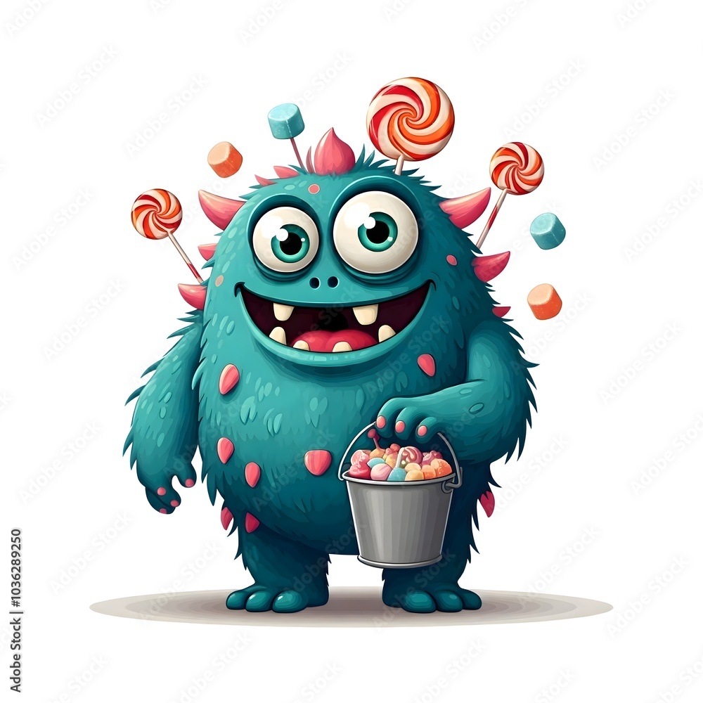 Colorful Candy Monster with a Charming Smile and Candy Bucket Colorful Candy Monster with a Charming Smile and Candy Bucket