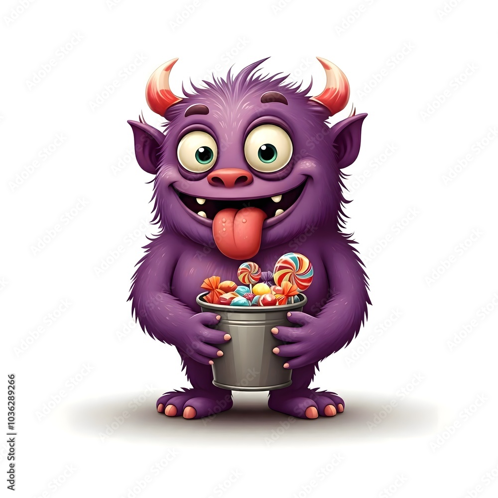Cheerful Purple Monster Holding a Candy Bucket with Delight Cheerful Purple Monster Holding a Candy Bucket with Delight