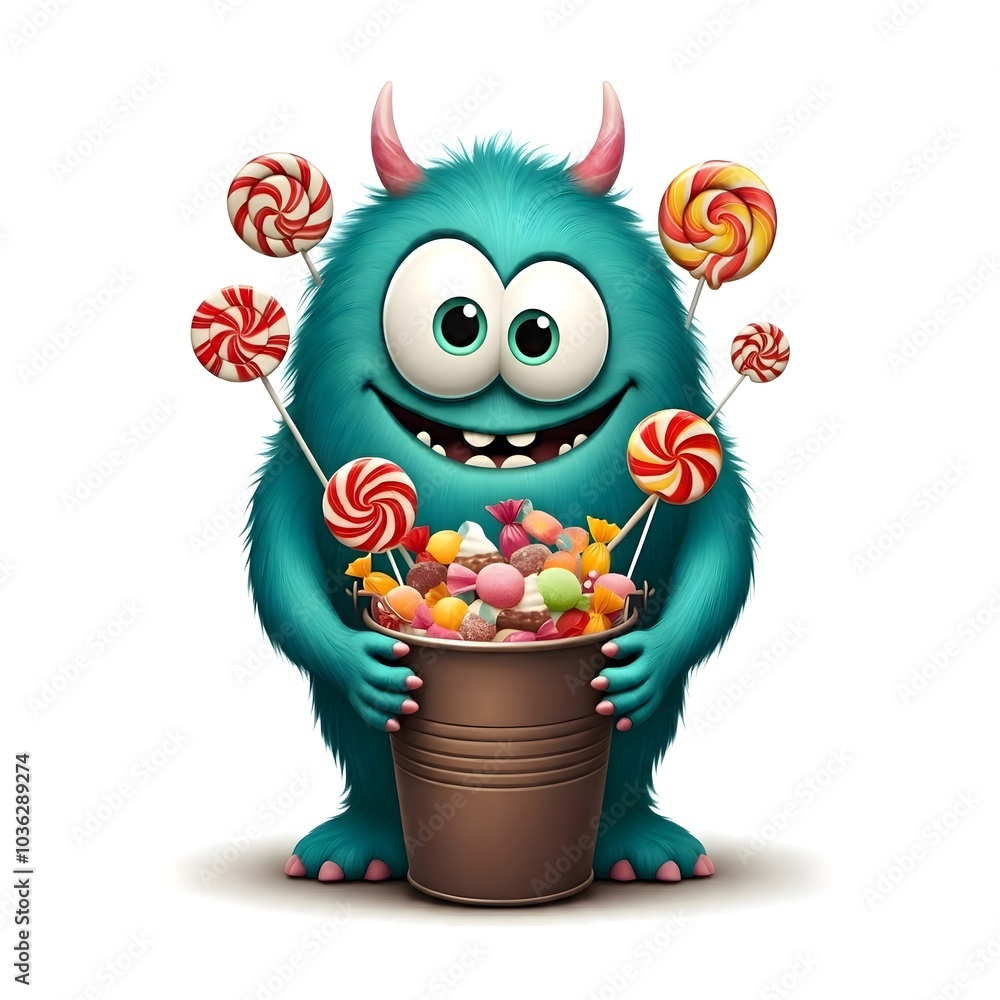 Adorable blue monster holding a bucket full of colorful candies Adorable blue monster holding a bucket full of colorful candies
