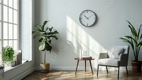 A sleek grey wall clock on the white wall of an apartment, featuring a modern and minimalistic design. photo