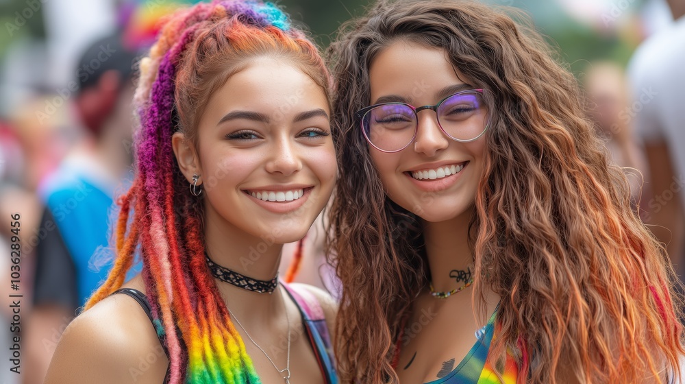 Fototapeta premium Two beautiful young women with rainbow hair, posing for the camera at an outdoor pride event during daytime