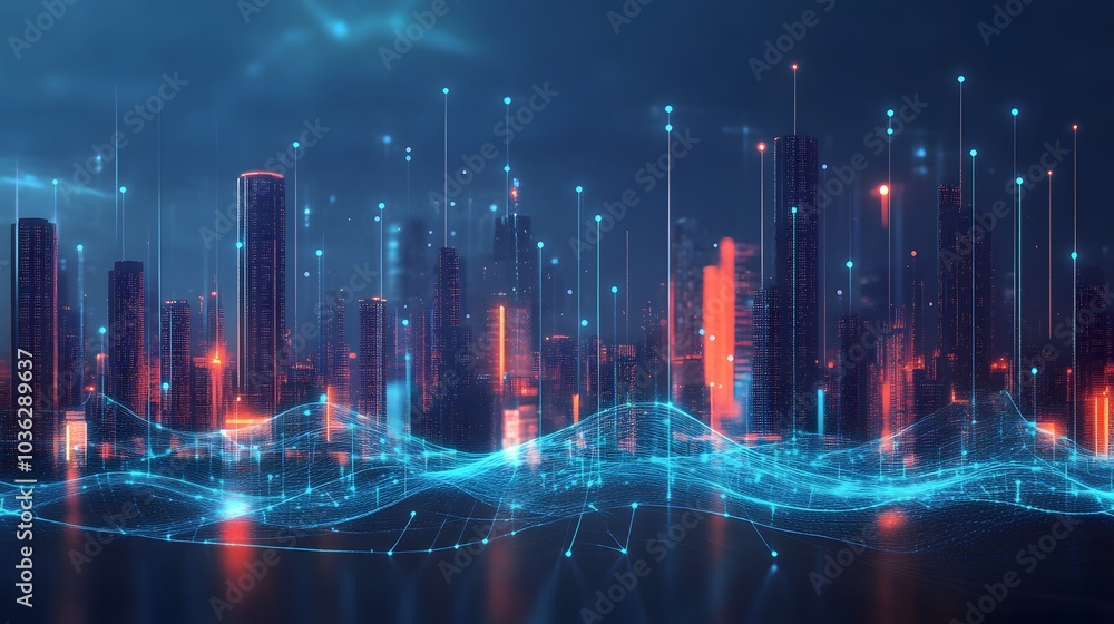 Fototapeta premium Smart city and abstract dot point connect with gradient line and aesthetic Intricate wave line design , big data connection technology concept. 