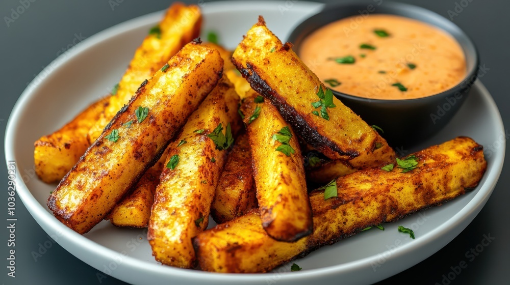 Deliciously spiced sweet potato fries with creamy dipping sauce Deliciously spiced sweet potato fries with creamy dipping sauce