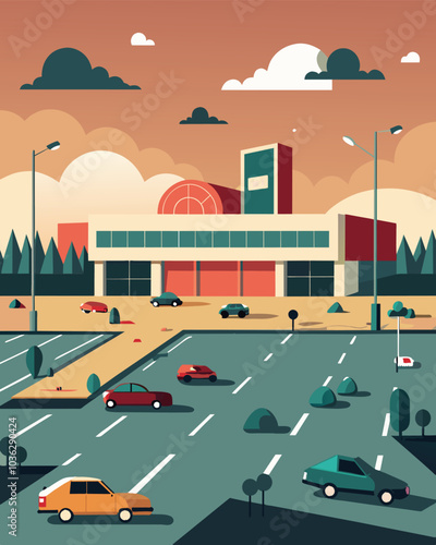 An empty parking lot in front of a mall with only a few cars tered throughout a sign of a struggling retail industry.. Vector illustration