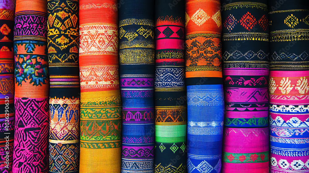 Vibrant close up view of various Sin fabric patterns showcasing intricate designs and rich colors, creating stunning visual tapestry of cultural artistry Vibrant close up view of various Sin fabric patterns showcasing intricate designs and rich colors, creating stunning visual tapestry of cultural artistry