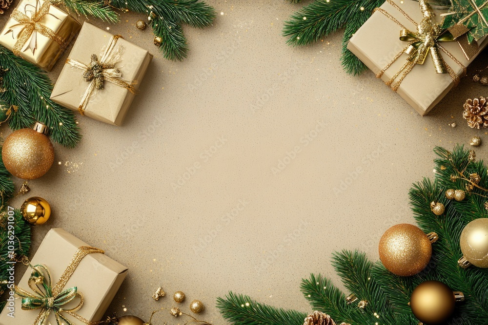 New Year banner with Christmas gift boxes and golden decorations on khaki background, ai New Year banner with Christmas gift boxes and golden decorations on khaki background, ai