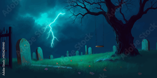 Spooky Graveyard on a Windy Night Digital art vector illustration. Halloween theme graveyard night Landscape