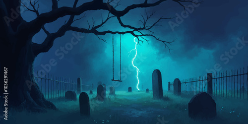 Spooky Graveyard on a Windy Night Digital art vector illustration. Halloween theme graveyard night Landscape