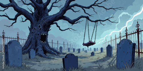 Spooky Graveyard on a Windy Night Digital art vector illustration. Halloween theme graveyard night Landscape
