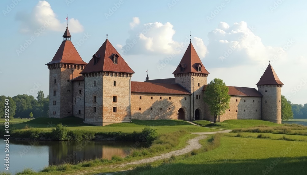 Elegant castle by serene lake perfect for fairy tales Elegant castle by serene lake perfect for fairy tales