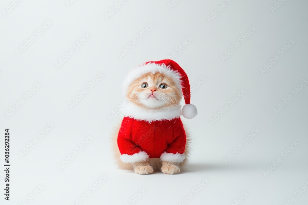 New Year greeting card. Cat in Santa costume is smiling. Kitten on the white background. Happy Kitten Santa Claus. Merry Christmas. Happy New Year - generative ai New Year greeting card. Cat in Santa costume is smiling. Kitten on the white background. Happy Kitten Santa Claus. Merry Christmas. Happy New Year - generative ai