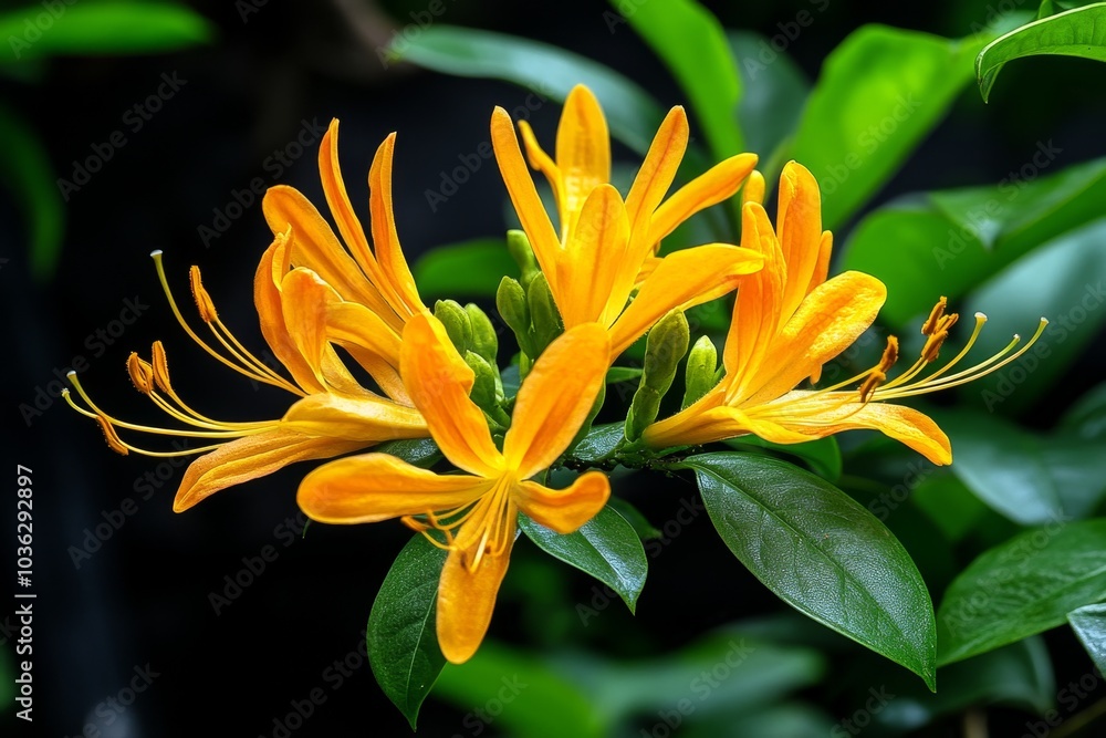 Obraz premium A Honeysuckle vine growing wild in a woodland area, with its fragrant flowers adding a pop of color to the green foliage