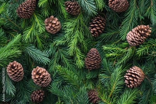 overhead view on spuce and thuja branches with cones, Christmas background - generative ai photo