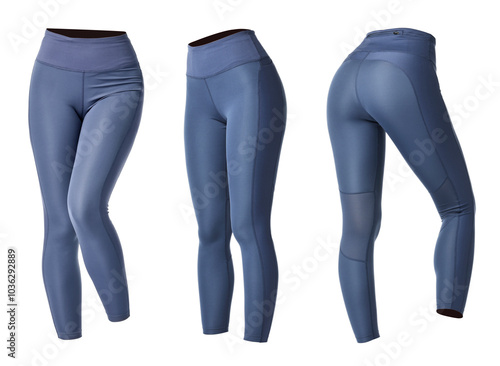 Yoga leggings on white background, collage. Different sides