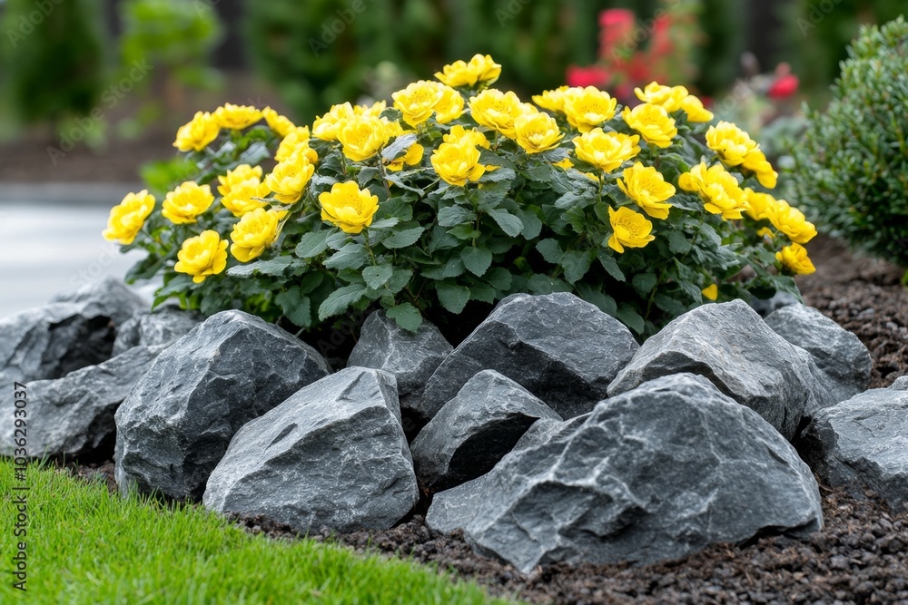 A Potentilla shrub growing in a rocky garden bed, with its bright yellow flowers contrasting against the rugged stones A Potentilla shrub growing in a rocky garden bed, with its bright yellow flowers contrasting against the rugged stones