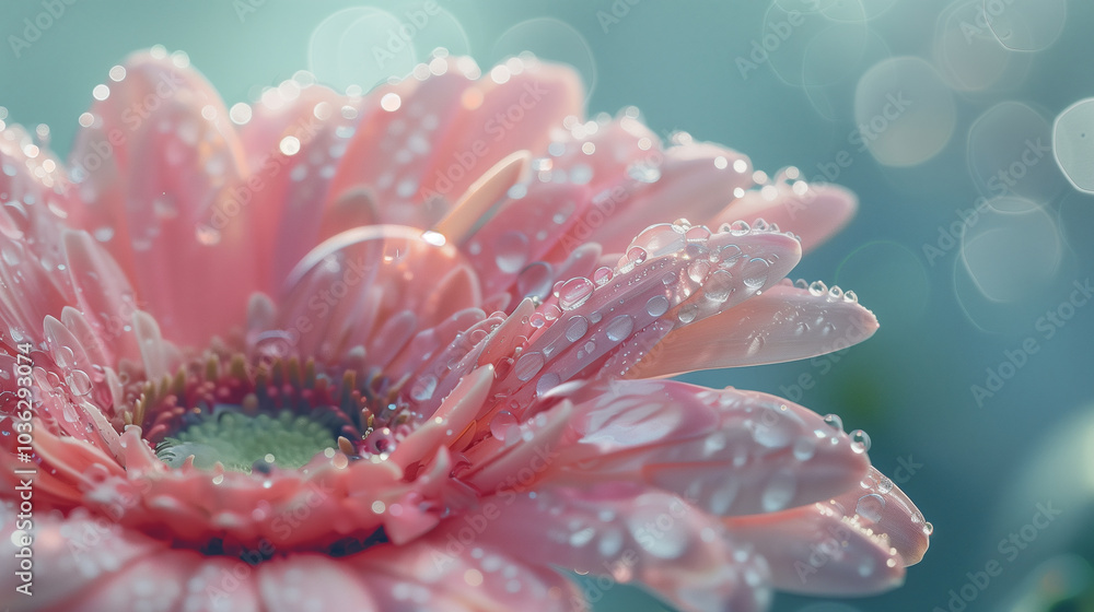 Close-up of a pink flower with dew drops, captured in soft focus Close-up of a pink flower with dew drops, captured in soft focus