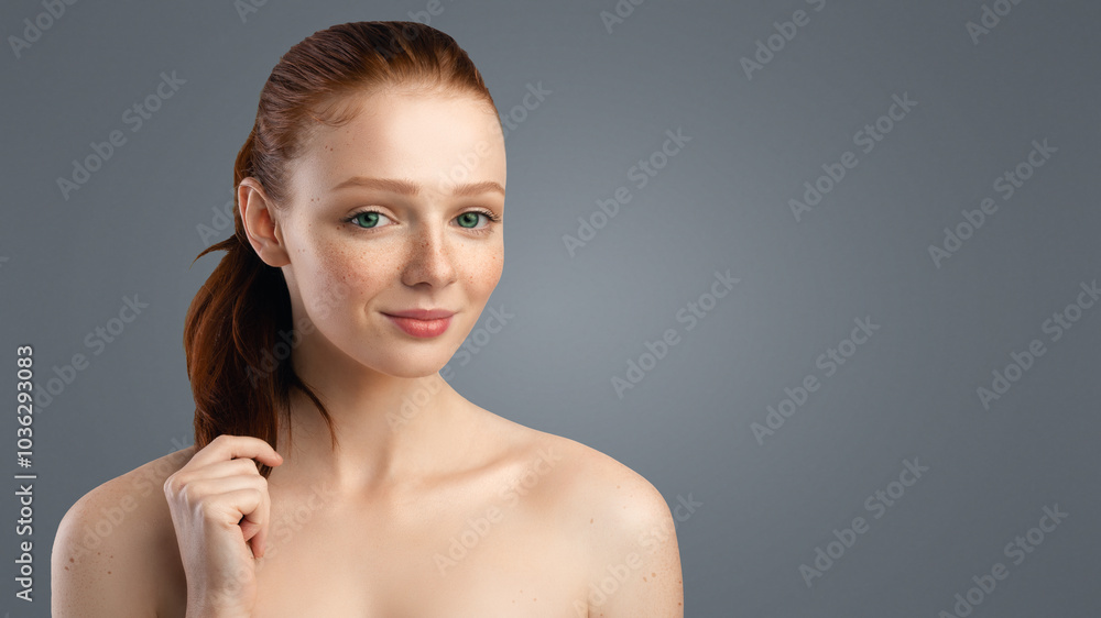 Hair Care. Red-Haired Young Female Touching Her Red Hair Gathered In Ponytail Smiling To Camera Standing Wrapped In Towel On Gray Studio Background. Haircare Beauty Routine Concept Hair Care. Red-Haired Young Female Touching Her Red Hair Gathered In Ponytail Smiling To Camera Standing Wrapped In Towel On Gray Studio Background. Haircare Beauty Routine Concept