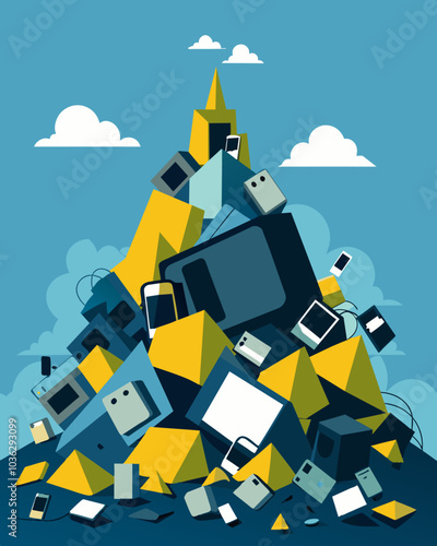 An avalanche of broken electronics cascades down the side of the ewaste pile a reminder of the overwhelming volume of waste we produce.. Vector illustration