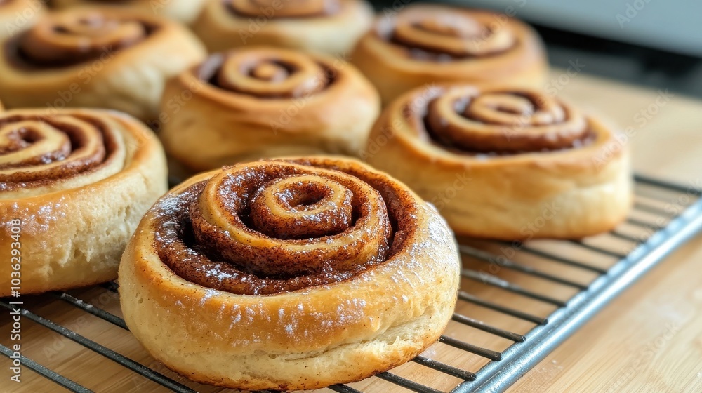 Freshly baked cinnamon rolls cooling on a rack Freshly baked cinnamon rolls cooling on a rack