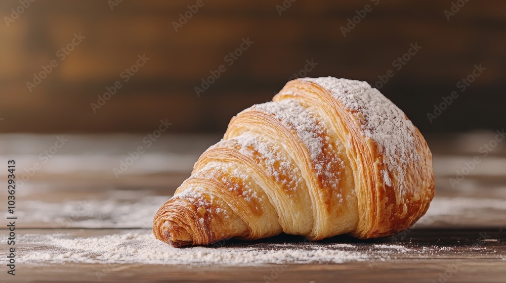Freshly baked croissant dusted with powdered sugar Freshly baked croissant dusted with powdered sugar