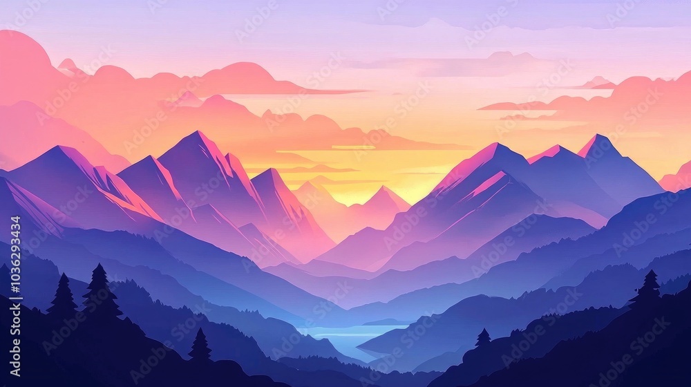 Fototapeta premium Serene Mountain Landscape at Sunrise with Colorful Sky