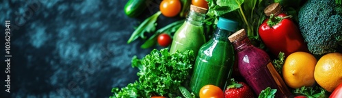 Fresh juices surrounded by vibrant fruits and vegetables photo