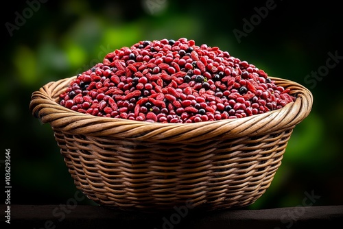 A basket full of freshly harvested Goji Berries, ready to be dried or eaten photo