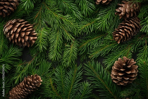 overhead view on spuce and thuja branches with cones, Christmas background - generative ai photo