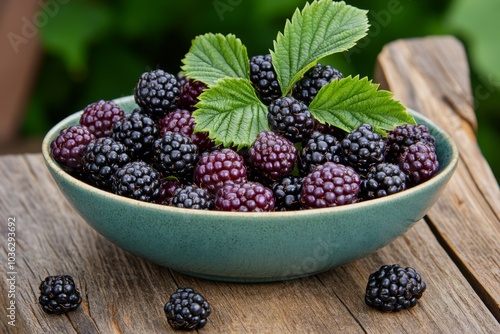 A bowl of freshly picked Blackberries (Rubus Fruticosus) on a rustic wooden table, with deep purple berries glistening in the light