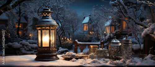 Cozy Lantern on Snowy Table at Night