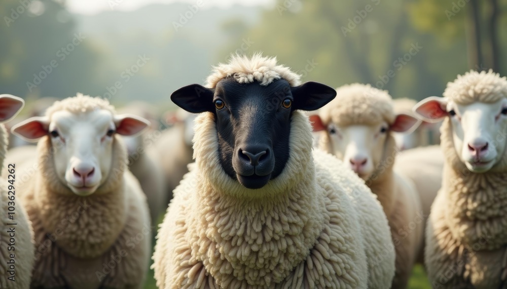 Flock of fluffy sheep one with distinctive black face standing in a field Flock of fluffy sheep one with distinctive black face standing in a field