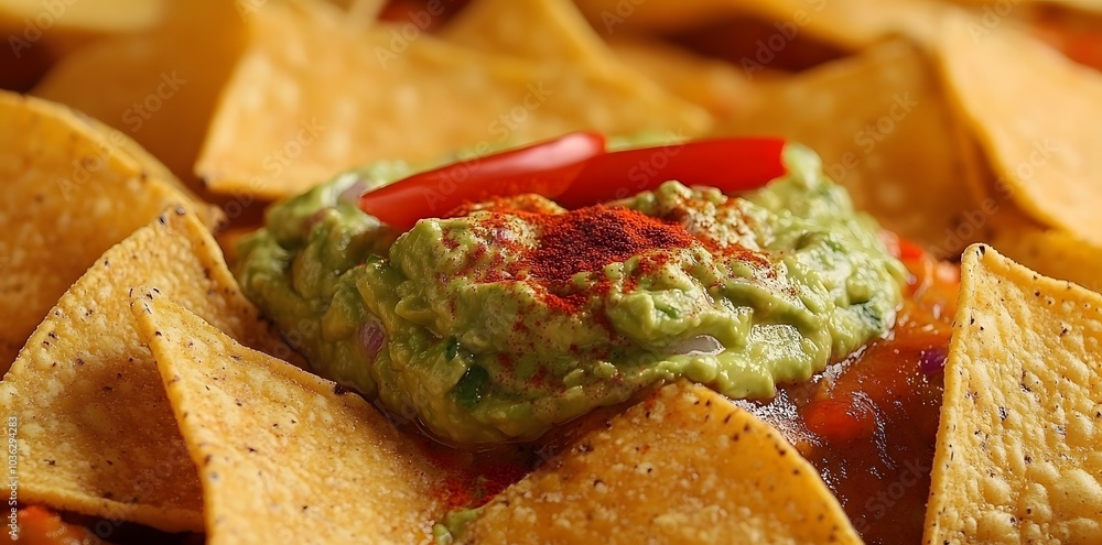 A close-up of nacho chips topped with guacamole and garnished with a slice of pepper.