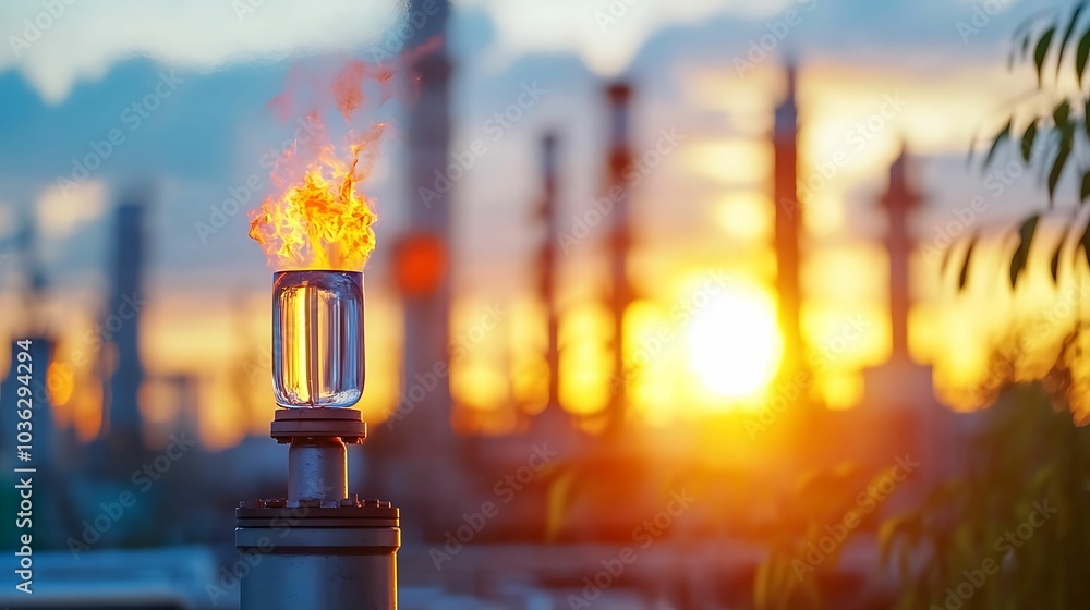 A gas flare burning at an industrial plant during sunset, with blurred factory structures and vibrant sky in the background, symbolizing energy production. A gas flare burning at an industrial plant during sunset, with blurred factory structures and vibrant sky in the background, symbolizing energy production.