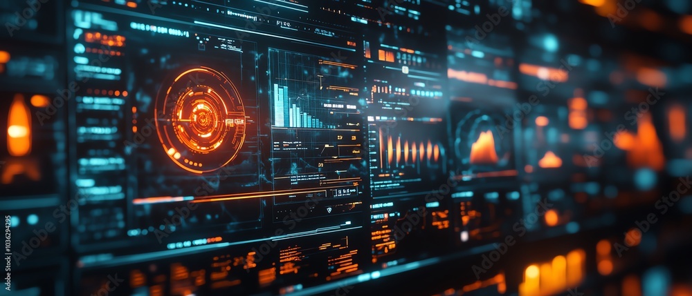 3D holographic financial dashboard featuring futuristic charts and graphs, glowing data streams in dark space, showcasing global economic trends