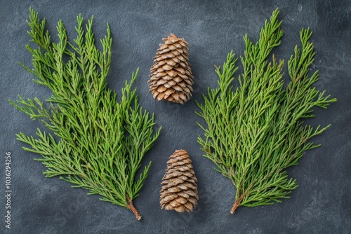 overhead view on spuce and thuja branches with cones, Christmas background - generative ai photo