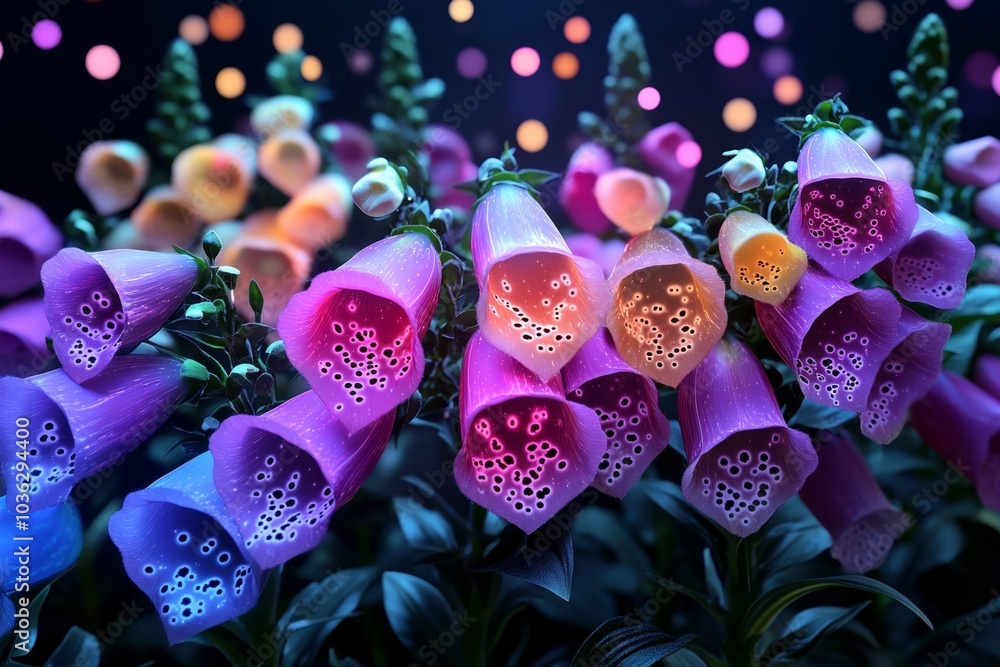 Fototapeta premium A digital garden filled with holographic Foxglove flowers, their colors changing in response to nearby sensors