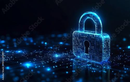 Digital padlock with glowing blue circuits, surrounded by a dark background and binary code, representing secure data protection in a hightech world photo