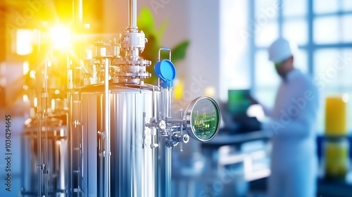 Close-up of an industrial bioreactor in a biotechnology lab, with a technician working in the background, highlighting bioengineering and modern research. photo